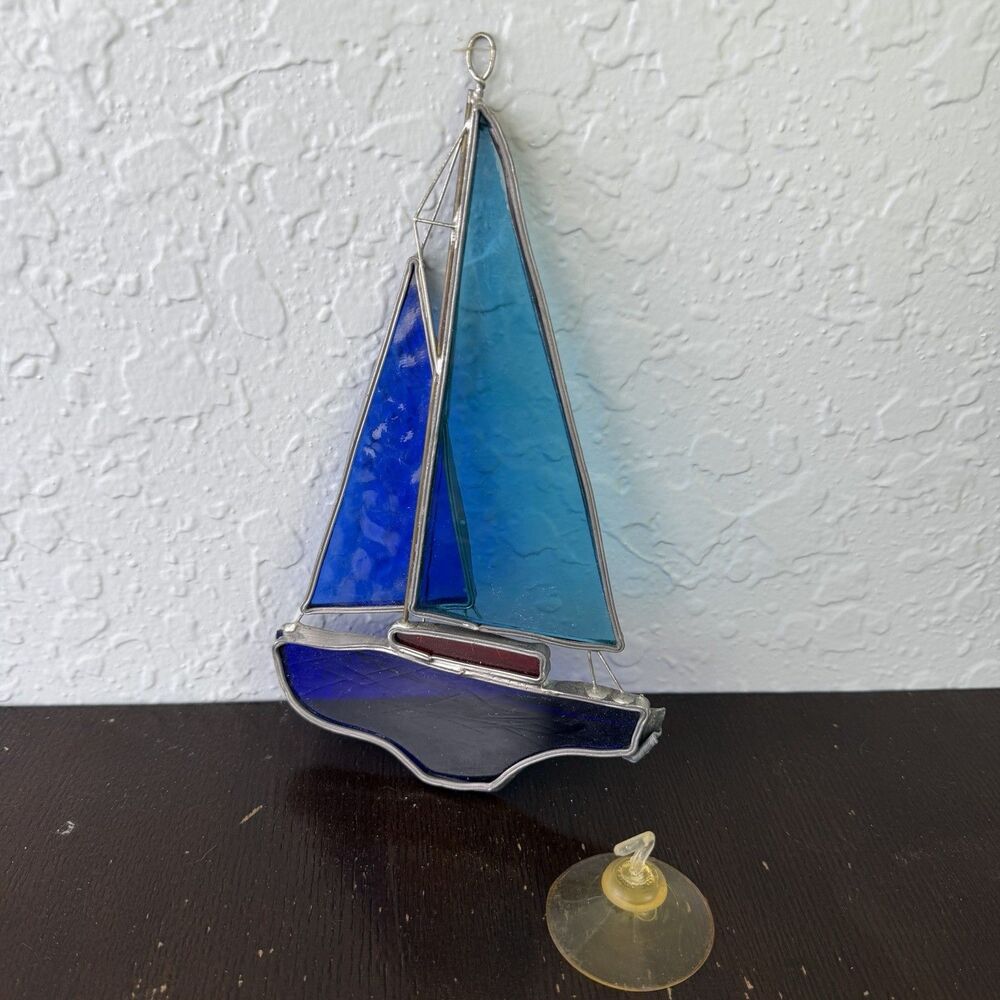 Vintage Stained Glass Suncatcher Sail Boat Red & Blue 8” Window Decoration